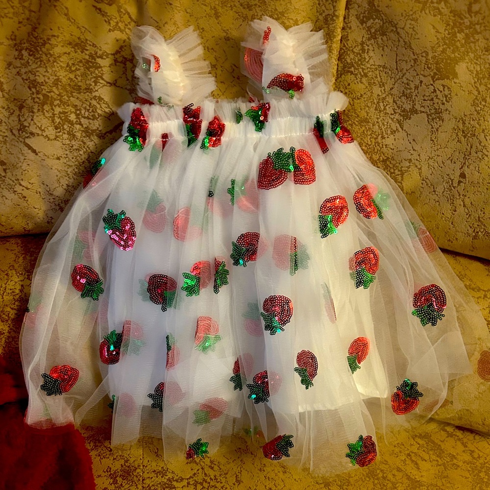 Baby new in pack dress size 6to9 months with sequins strawberry lace details